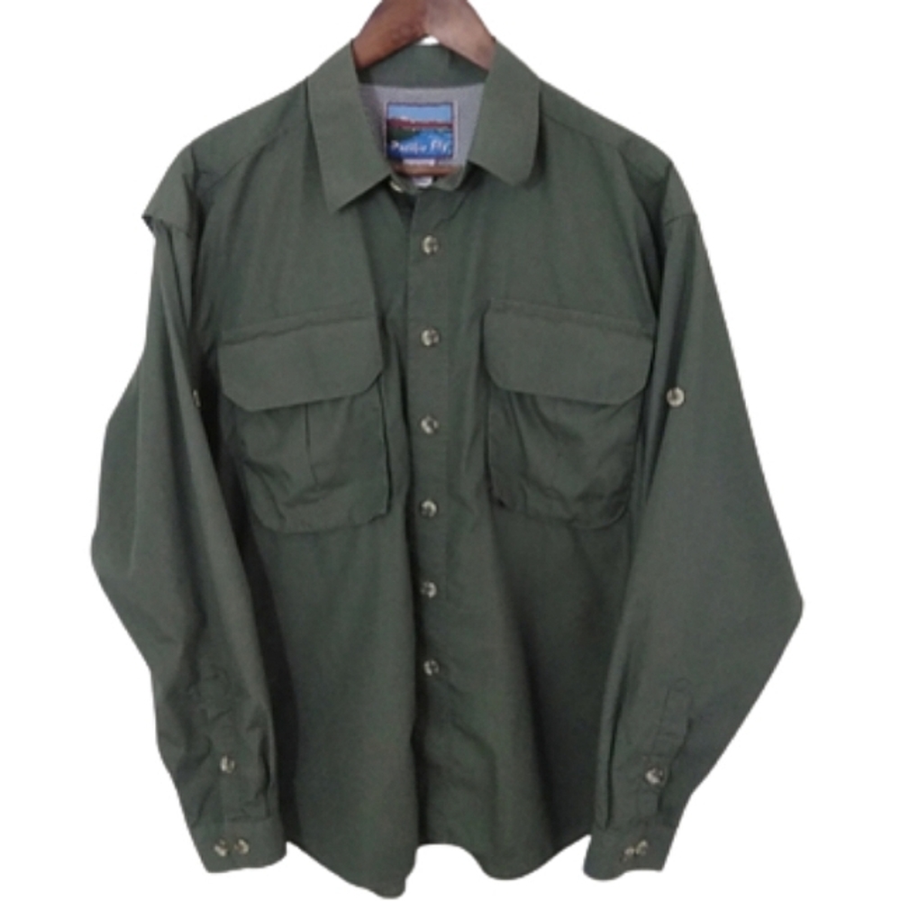 Pacific Fly Army Green Long Sleeve Casual Outdoors Button Down Shirt Size Medium